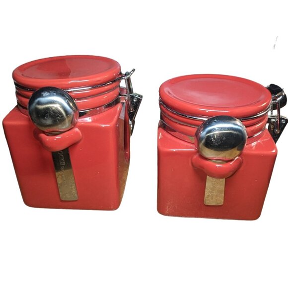 Oggi EZ Grip Red Ceramic Canister Set 2 Pantry Jars Spoons Food Storage Airtight - Picture 1 of 7